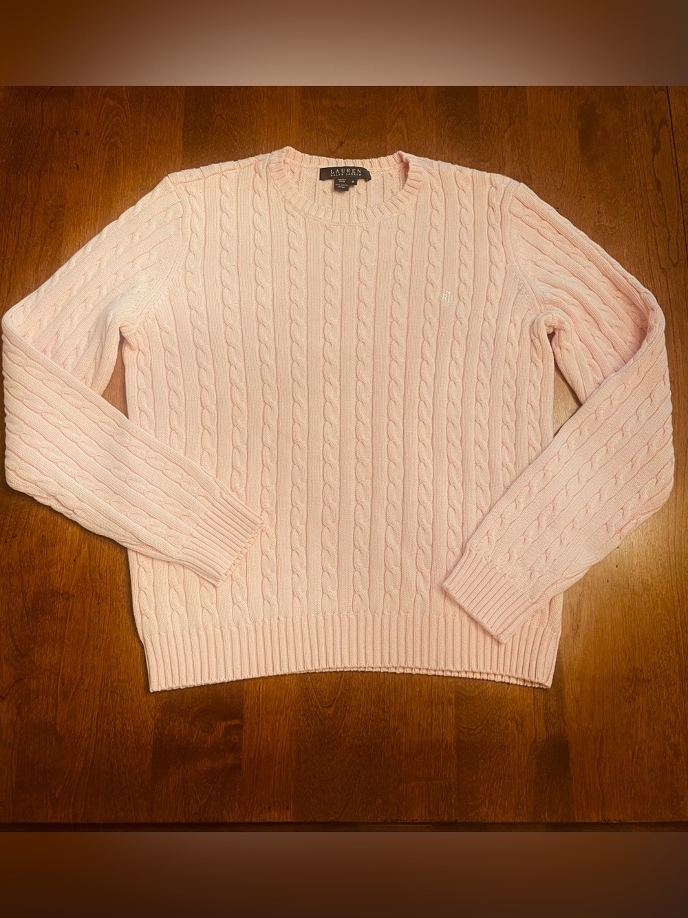 Lauren Ralph Lauren Cable-Knit Cotton Crewneck Sweater Medium Pink